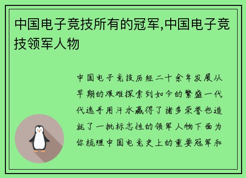 中国电子竞技所有的冠军,中国电子竞技领军人物