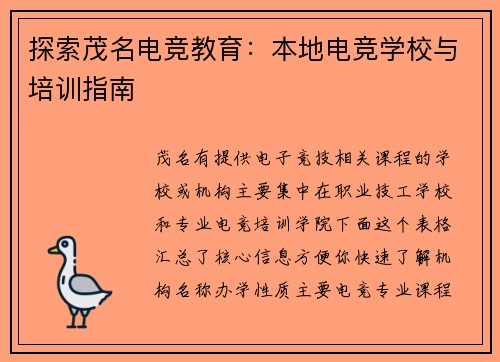 探索茂名电竞教育：本地电竞学校与培训指南